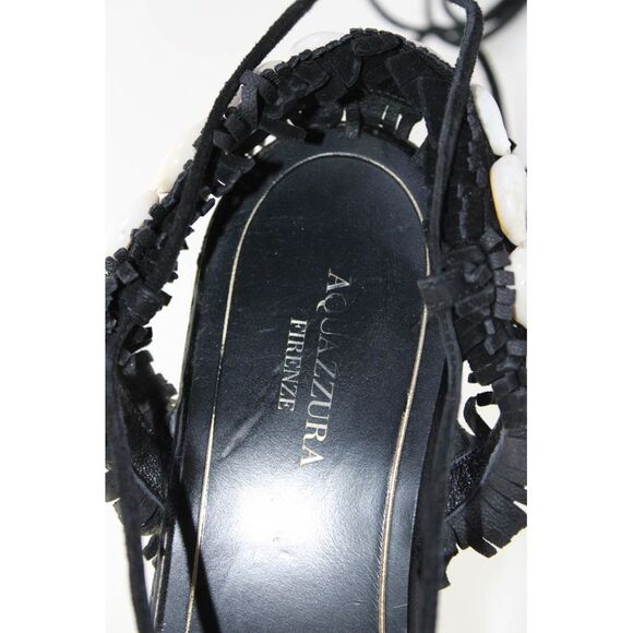 Aquazzura Womens Cowrie Shell Suede Fringe Flat Lace Up Sandals Black 36.5 6.5 - Picture 6 of 7